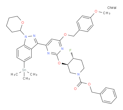 (3R,4R)-benzyl 4-fluoro-3-((4-((4-methoxybenzyl)oxy)-6-(1-(tetrahydro-2H-pyran-2-yl)-5-(trimethylstannyl)-1H-indazol-3-yl)pyrimidin-2-yl)oxy)piperidine-1-carboxylate