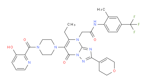 2-(2-(3,6-dihydro-2H-pyran-4-yl)-5-ethyl-6-(4-(3-hydroxypicolinoyl)piperazin-1-yl)-7-oxo-[1,2,4]triazolo[1,5-a]pyrimidin-4(7H)-yl)-N-(2-methyl-4-(trifluoromethyl)phenyl)acetamide