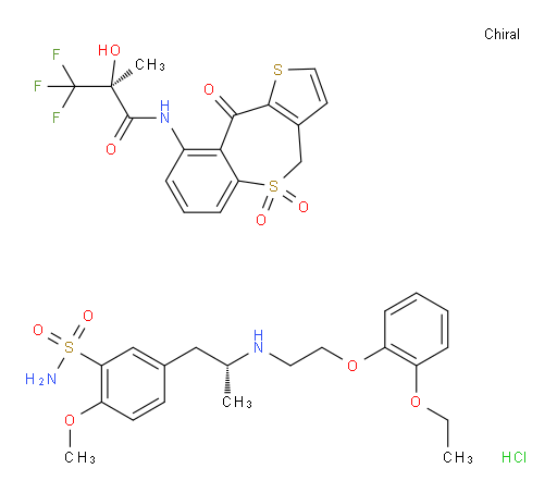 (S)-N-(5,5-dioxido-10-oxo-4,10-dihydrobenzo[b]thieno[2,3-e]thiepin-9-yl)-3,3,3-trifluoro-2-hydroxy-2-methylpropanamide compound with (R)-5-(2-((2-(2-ethoxyphenoxy)ethyl)amino)propyl)-2-methoxybenzenesulfonamide (1:1) hydrochloride