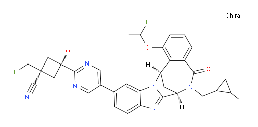 (1R,3r)-3-(5-((7R,14R)-1-(difluoromethoxy)-6-((2-fluorocyclopropyl)methyl)-5-oxo-5,6,7,14-tetrahydro-7,14-methanobenzo[f]benzo[4,5]imidazo[1,2-a][1,4]diazocin-11-yl)pyrimidin-2-yl)-1-(fluoromethyl)-3-hydroxycyclobutanecarbonitrile