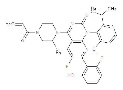 Pyrido[2,3-d]pyrimidin-2(1H)-one, 6-fluoro-7-(2-fluoro-6-hydroxyphenyl)-1-[4-methyl-2-(1-methylethyl)-3-pyridinyl]-4-[(2S)-2-methyl-4-(1-oxo-2-propen-1-yl)-1-piperazinyl]-, (1R)-