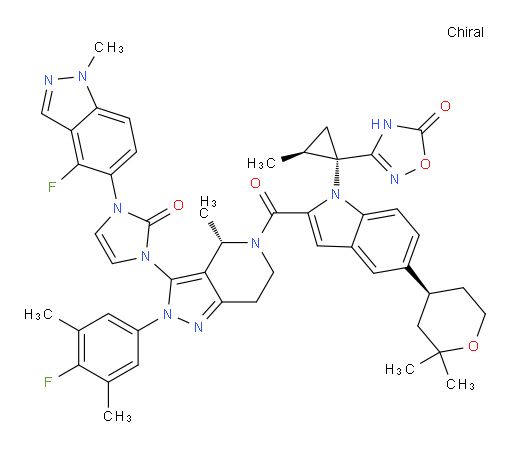 3-((1S,2S)-1-(5-((S)-2,2-dimethyltetrahydro-2H-pyran-4-yl)-2-((S)-3-(3-(4-fluoro-1-methyl-1H-indazol-5-yl)-2-oxo-2,3-dihydro-1H-imidazol-1-yl)-2-(4-fluoro-3,5-dimethylphenyl)-4-methyl-4,5,6,7-tetrahydro-2H-pyrazolo[4,3-c]pyridine-5-carbonyl)-1H-indol-1-yl)-2-methylcyclopropyl)-1,2,4-oxadiazol-5(4H)-one